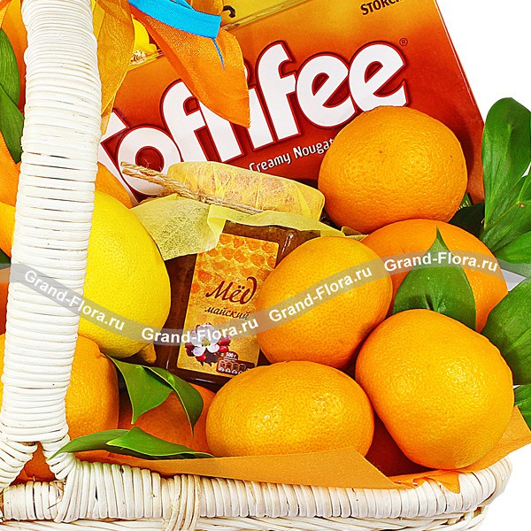 Цитрусовый эликсир - корзина подарочная с фруктами и конфетами 